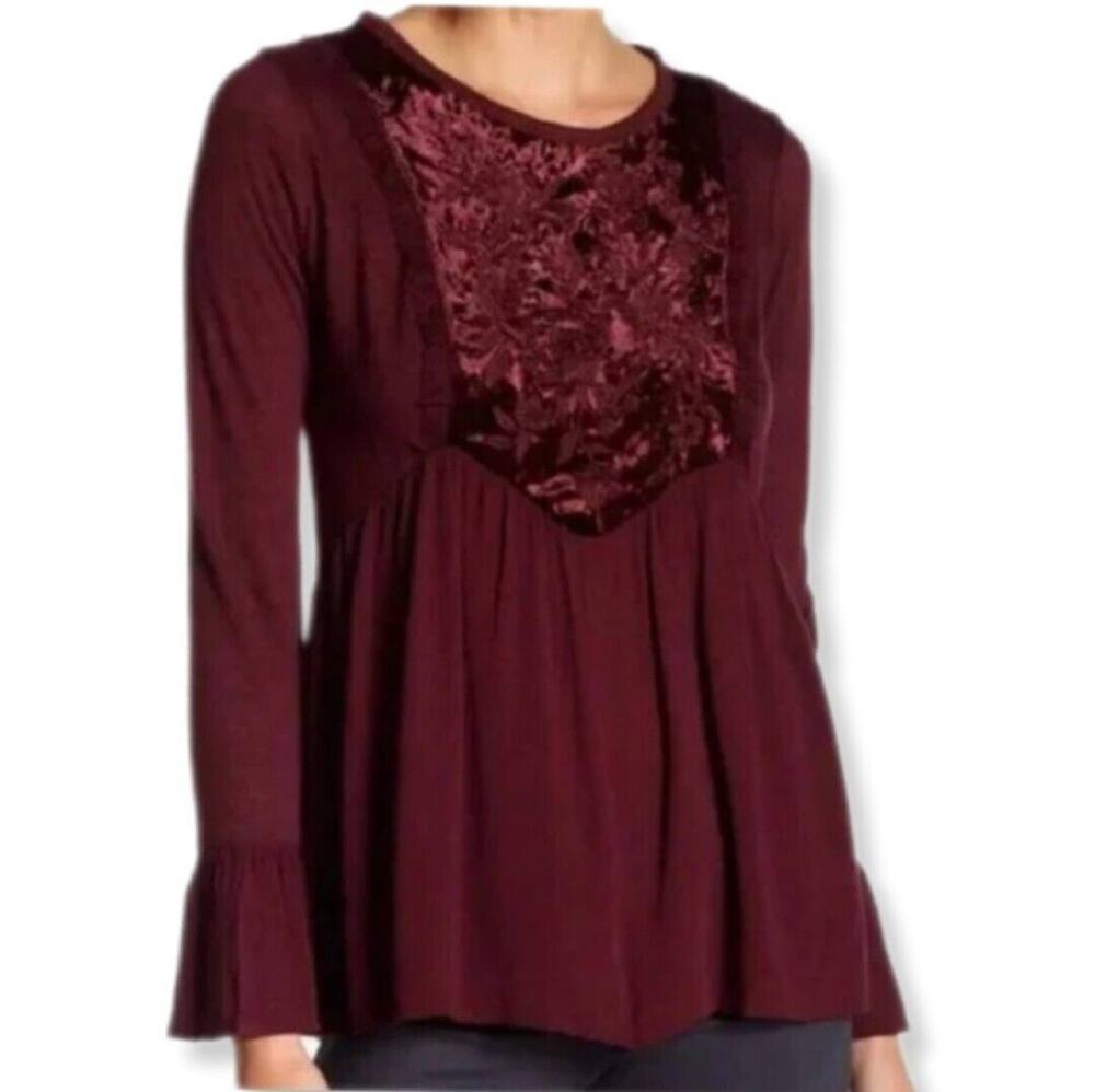 Women Burgundy Mixed Media Velvet Knit Top M Dark Fairy Romance Whimsy Witchy